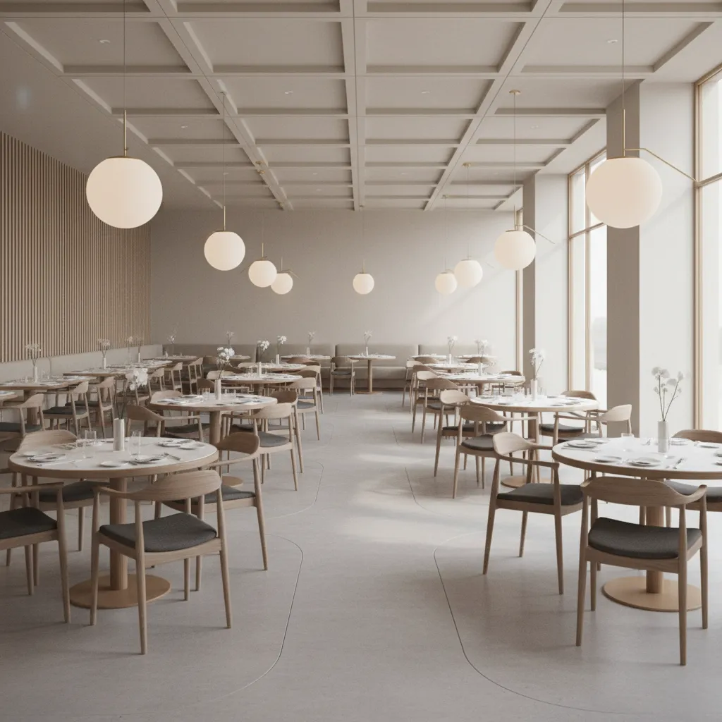 Restaurant dining layout showing clear service pathways between round tables