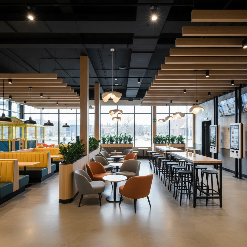 Restaurante dividido en diferentes zonas de asientos y circulación