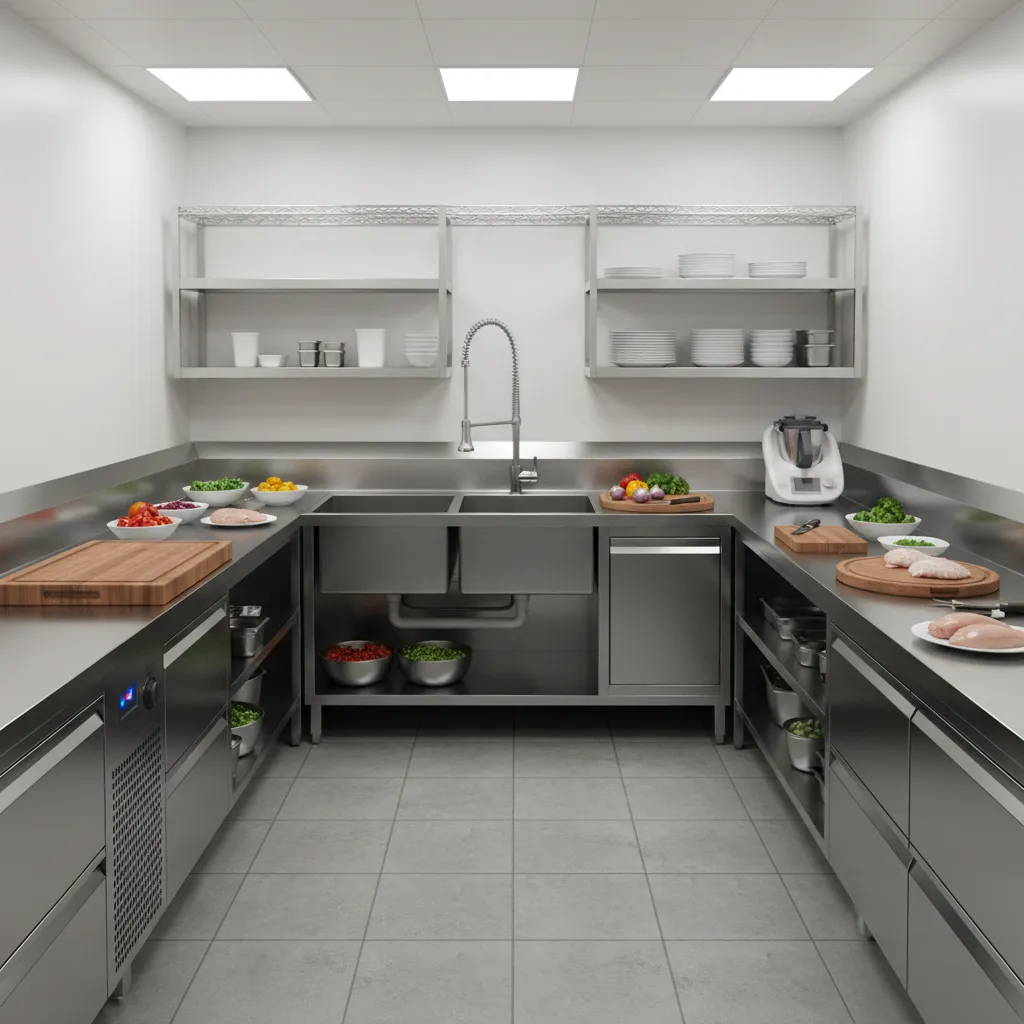 Restaurant prep station with deep stainless steel sink and industrial faucet