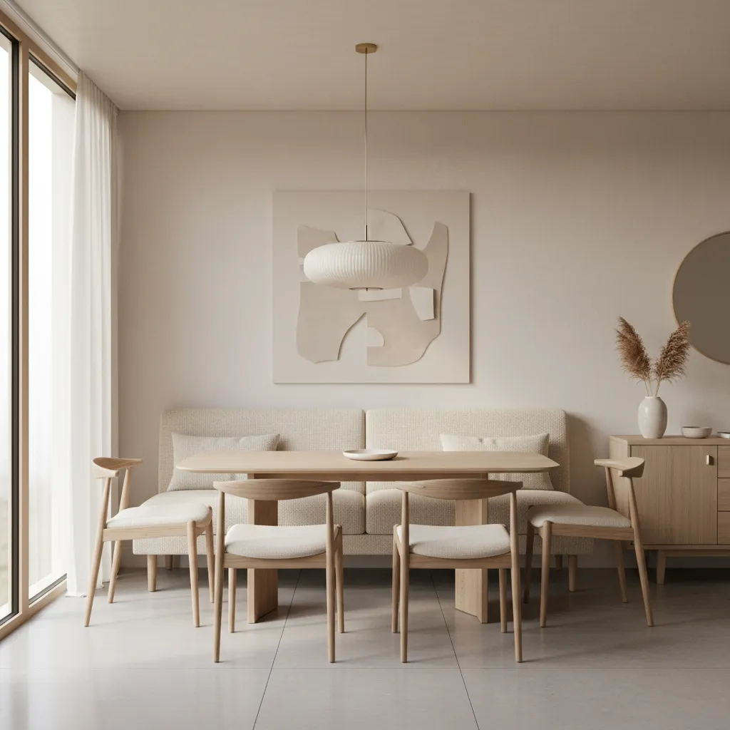 Minimalist dining area with a long beige sofa wooden table chairs ceiling light and sunlight