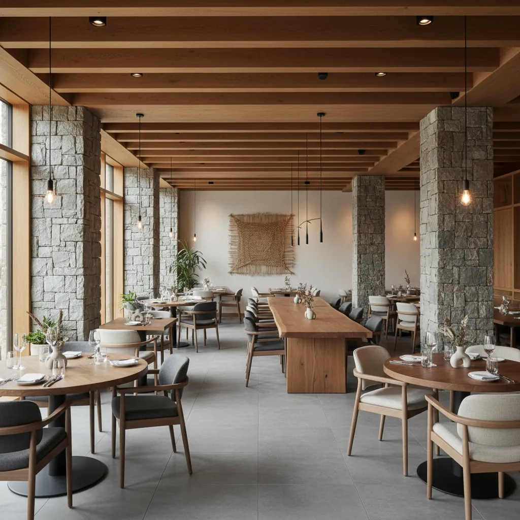 Modern restaurant interior with wooden ceiling beams stone pillars wooden tables and grey tile floor