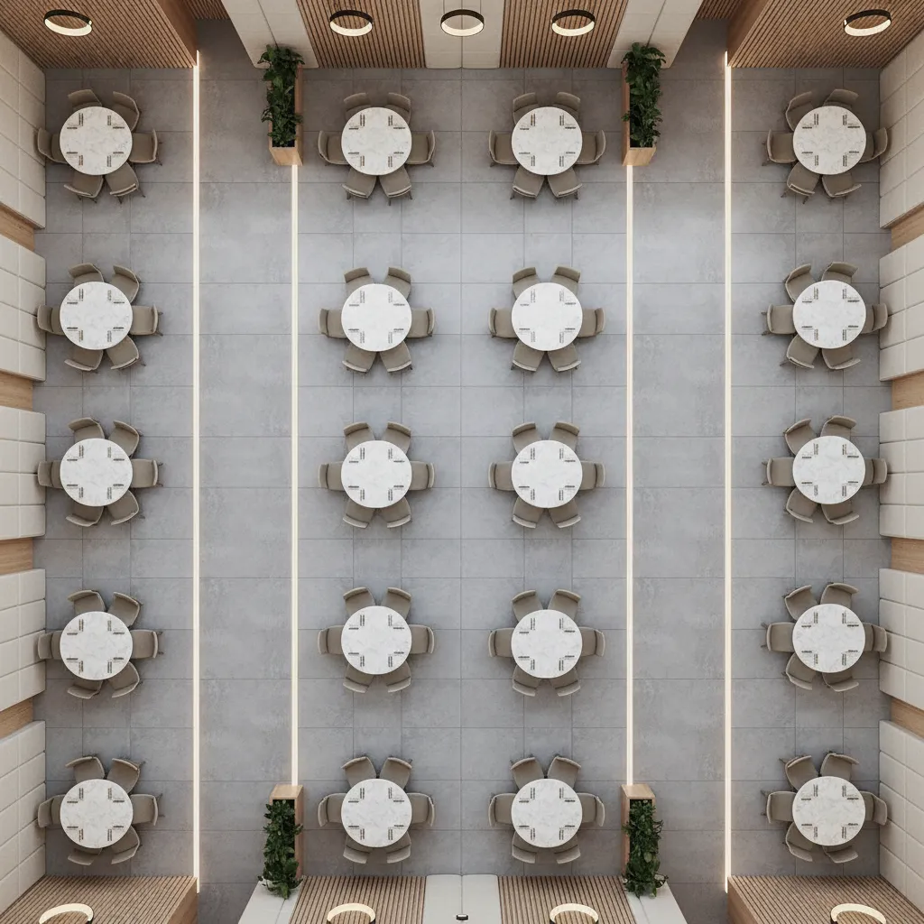 Hospitality dining layout showing spacing between round tables and walking aisles