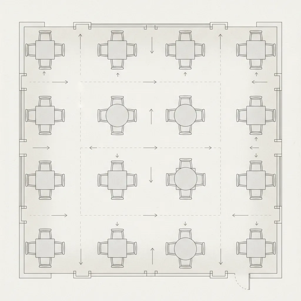 diagram showing spacing between restaurant dining tables and circulation paths