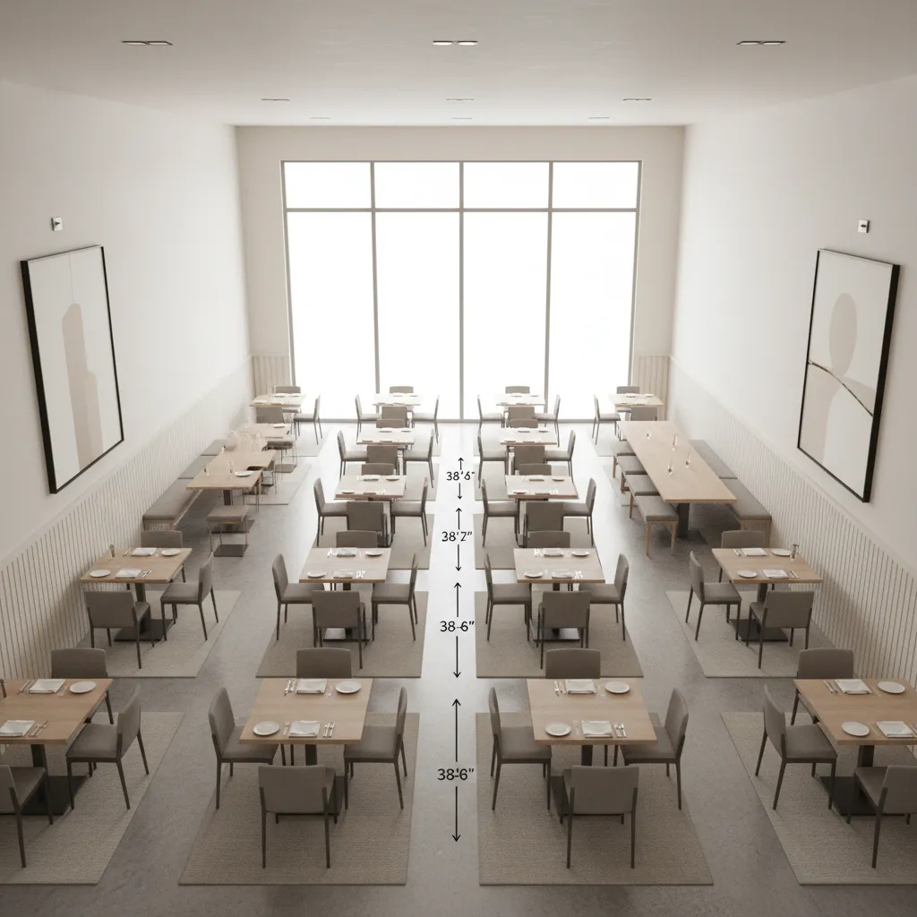 Restaurant table spacing example with clear server aisles between tables