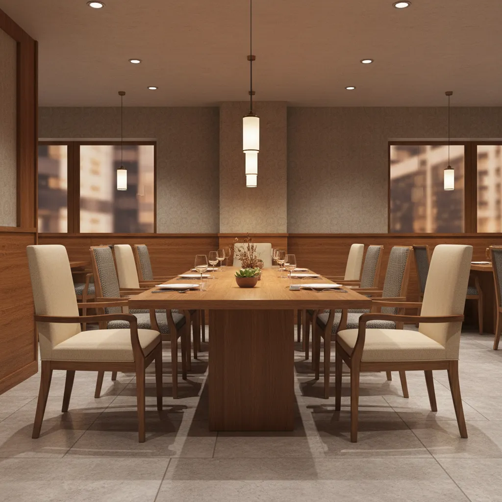 Restaurant dining table with captains chairs placed at the heads of the table