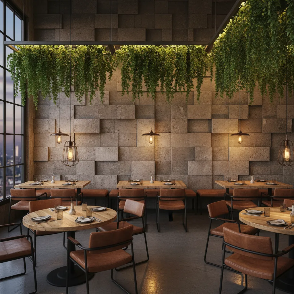 Restaurant interior with textured concrete block wall, hanging plants, and warm lighting