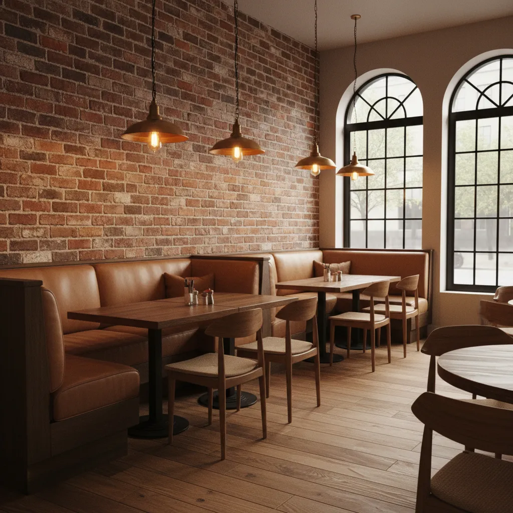 restaurant seating area with textured brick feature wall