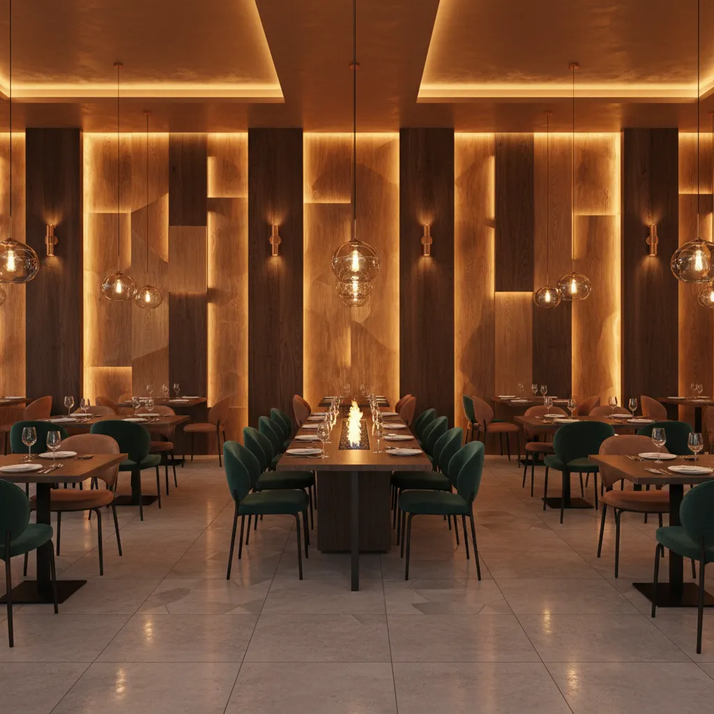 Modern restaurant interior with wood wall panels, green chairs, long table, and glass light fixtures
