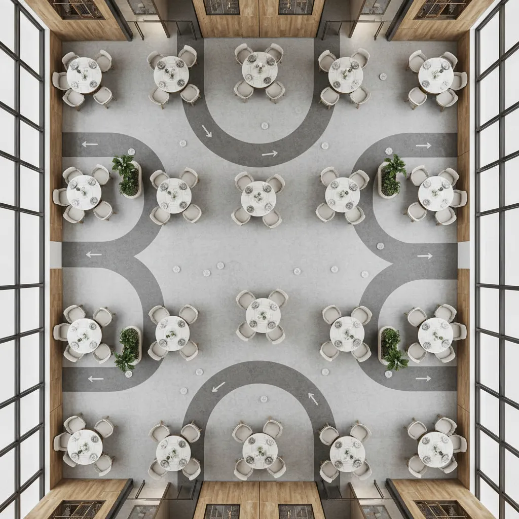 Restaurant floor layout demonstrating smooth traffic paths around round dining tables