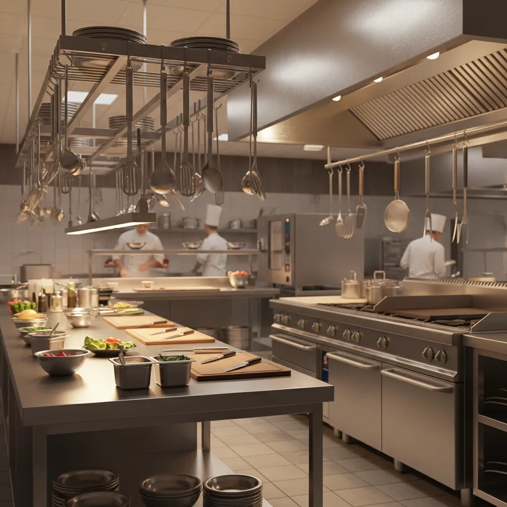 Restaurant kitchen wall with hanging cooking utensils and stainless prep station