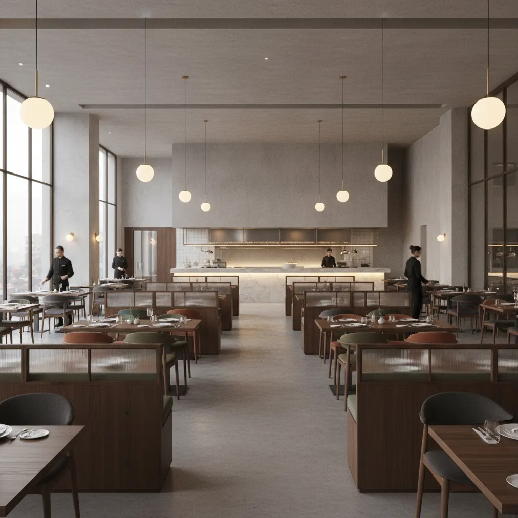 restaurant dining room with clear sightlines across tables and service areas