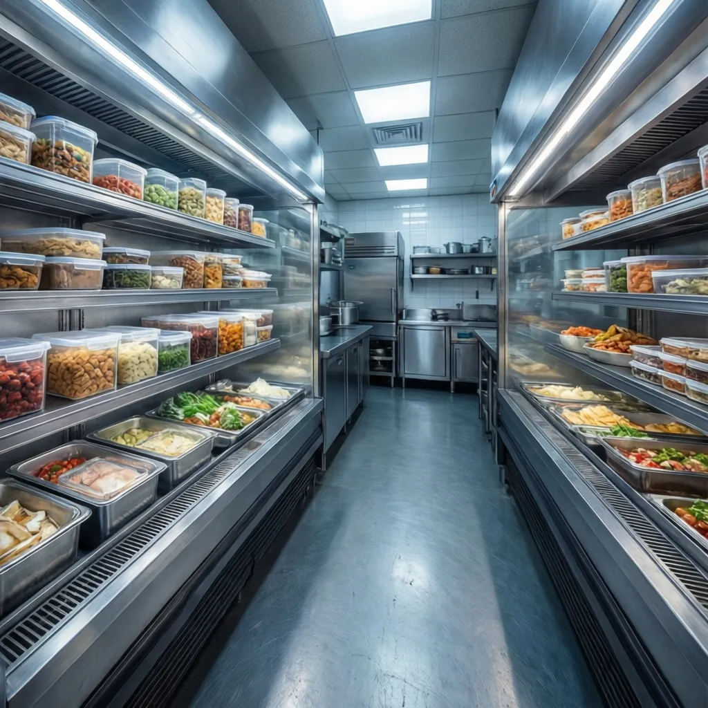 large walk in refrigerator storage inside a restaurant kitchen