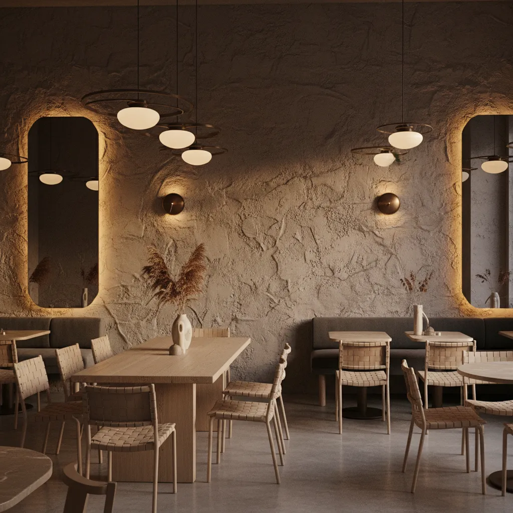 restaurant dining wall with accent lighting highlighting texture