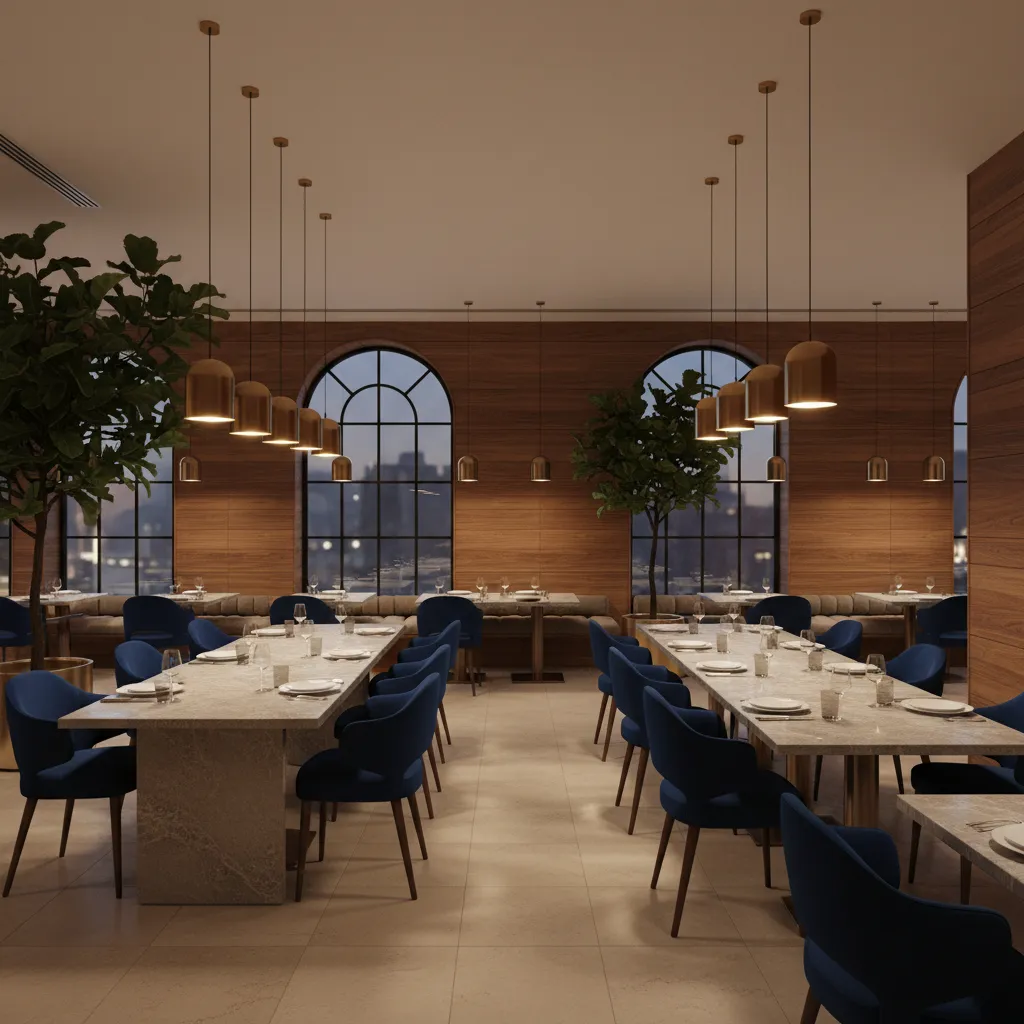 Restaurant interior with wood textures brass lighting and warm materials