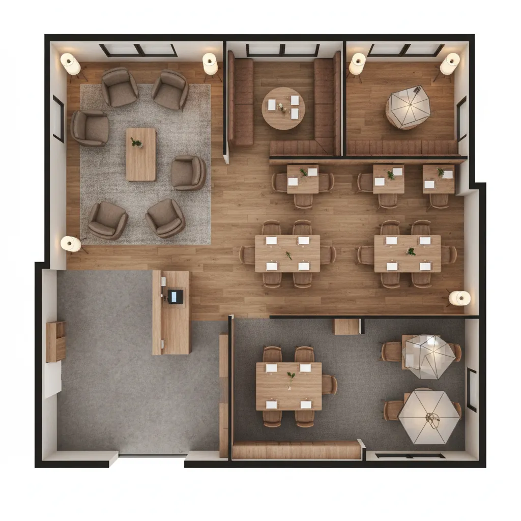 restaurant floor plan showing waiting area and seating zones