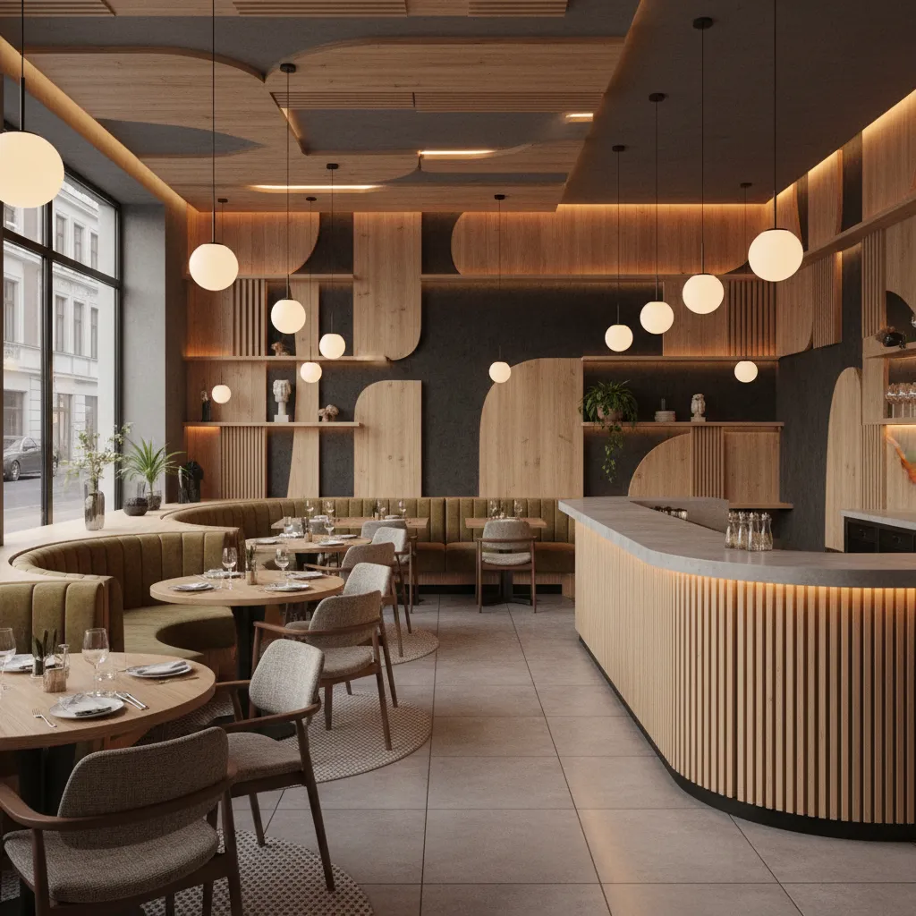 Restaurante con iluminación ambiental y diseño acústico adecuado