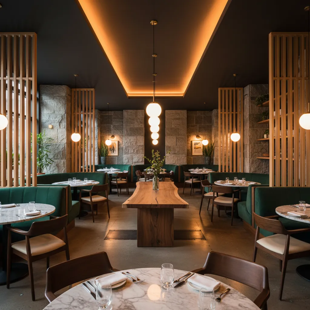 Interior de restaurante moderno con iluminación cálida y diseño funcional
