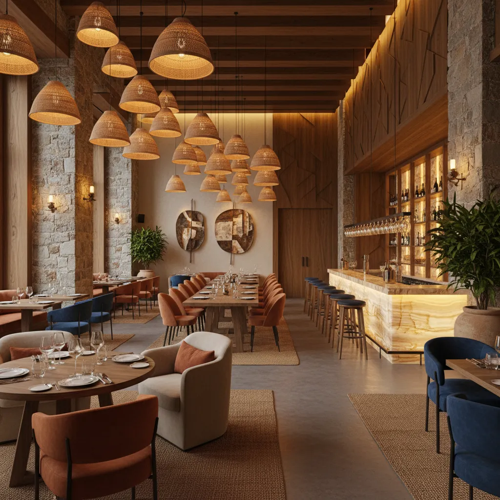 Warm restaurant interior with many woven ceiling lights stone walls wooden tables and bar counter