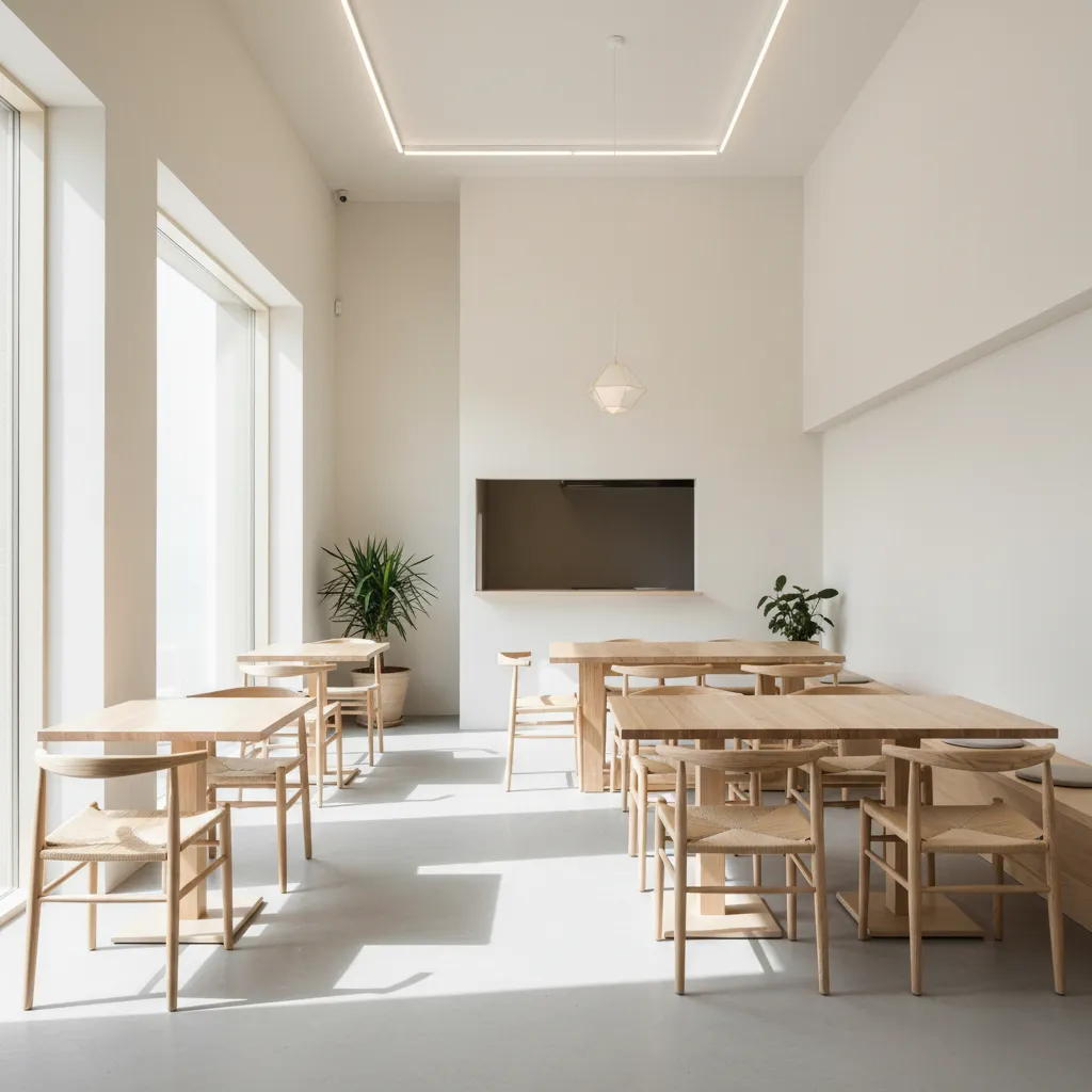 Restaurante pequeño con líneas visuales limpias y decoración minimalista