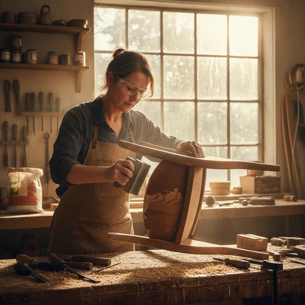 Persona lijando una silla de madera durante un proceso de restauración