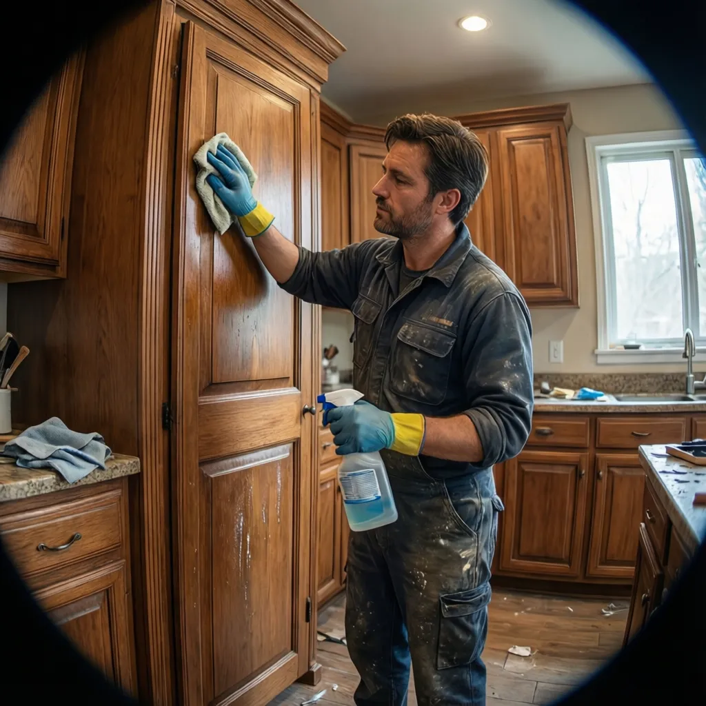 Professional restoration technician cleaning cabinet doors with industrial solution