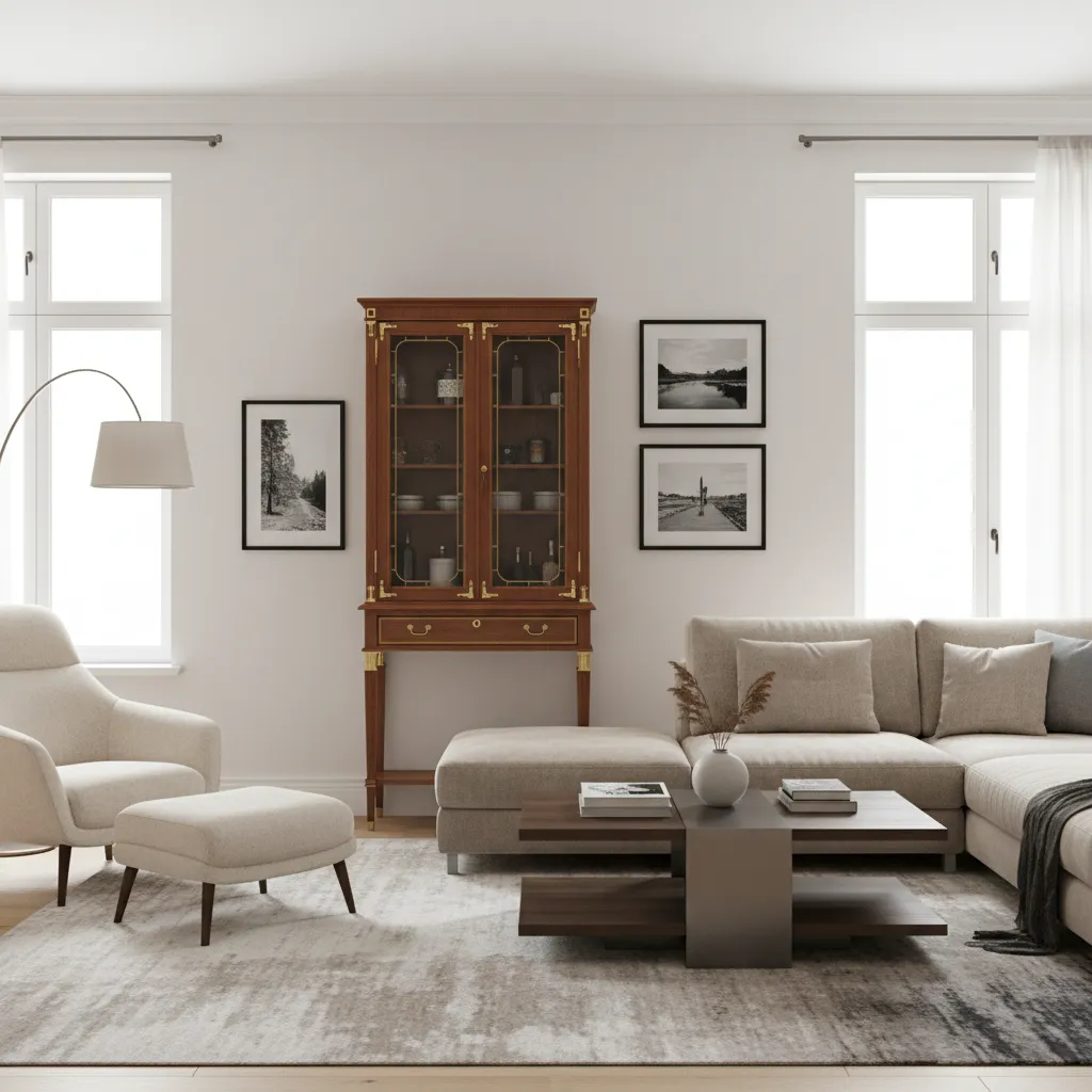 Restored antique smoking cabinet styled in a modern living room