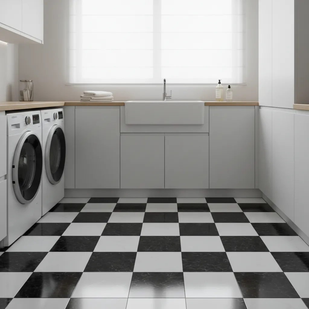 Restored grout lines on a black and white checkerboard tile laundry room floor