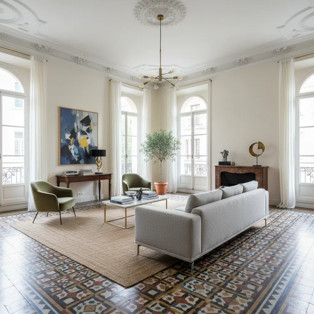 Salón con suelo hidráulico restaurado y muebles modernos