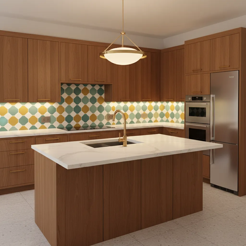 Refinished mid century wood kitchen cabinets with retro styling