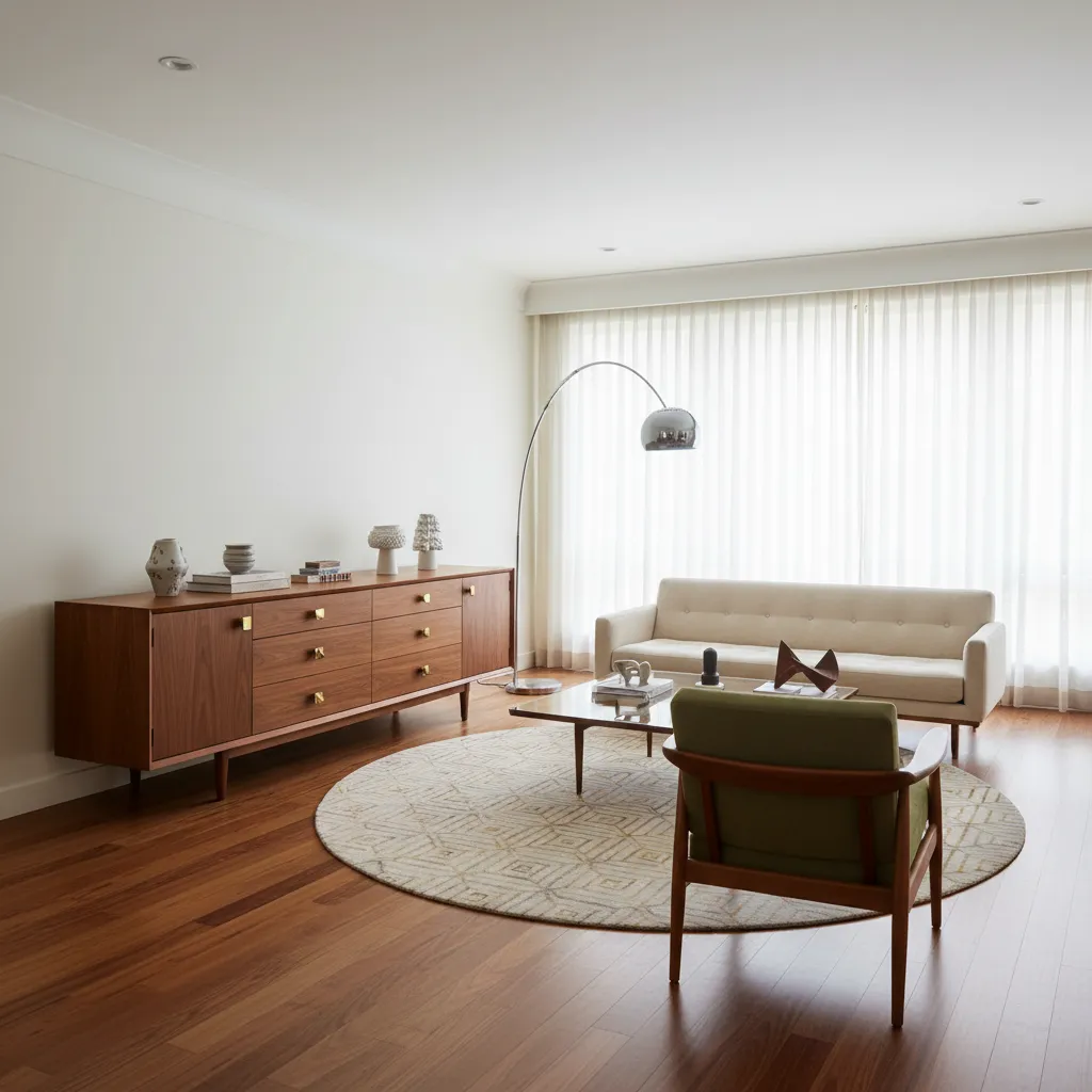 restored brass and chrome accents in a mid century living room