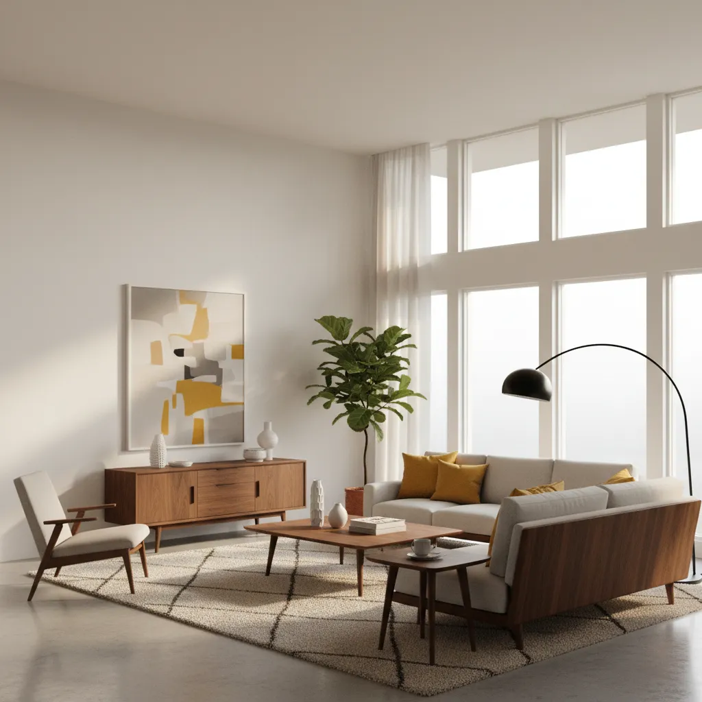 Mid century living room after design corrections with balanced colors and furniture