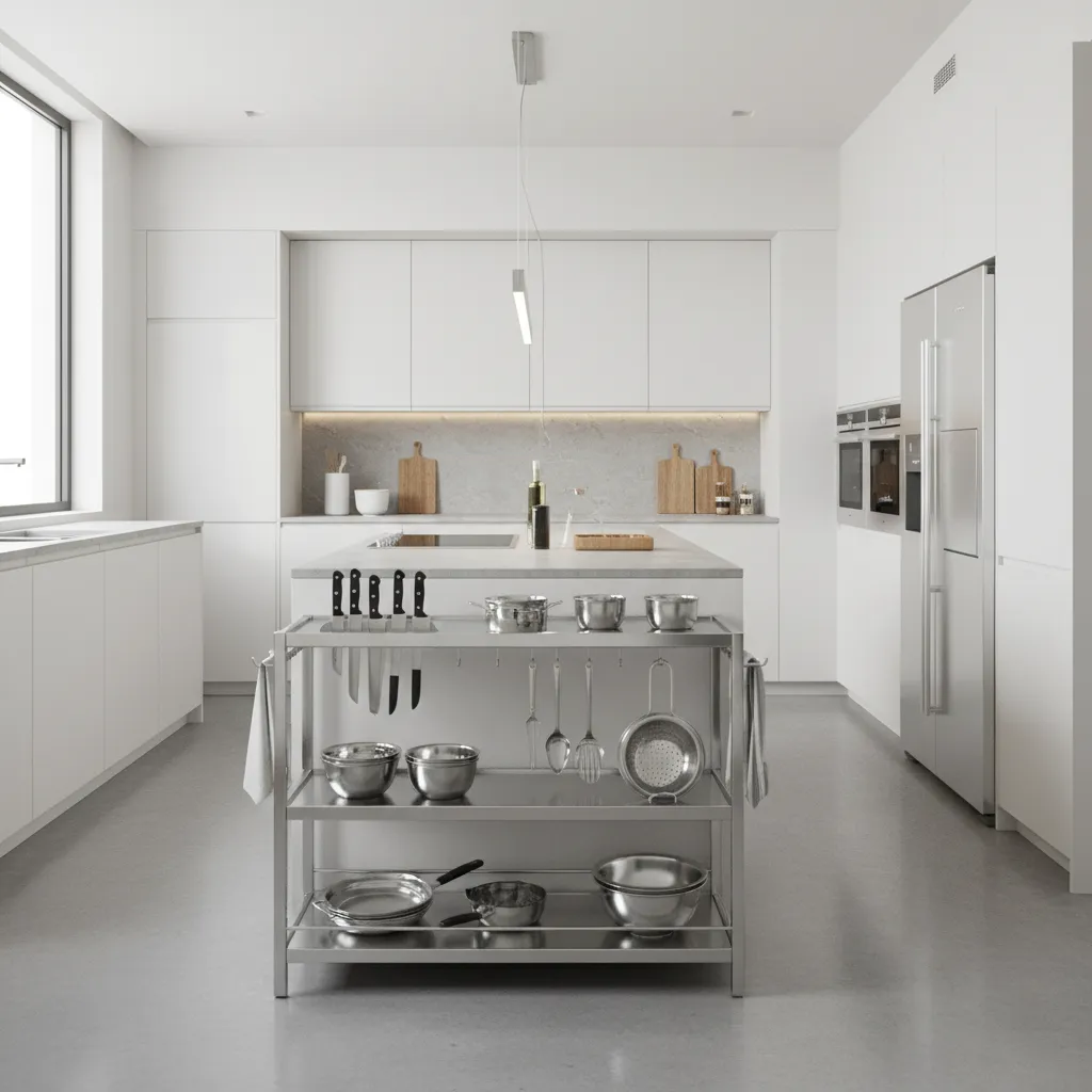 clean stainless steel kitchen trolley in modern kitchen after rust removal
