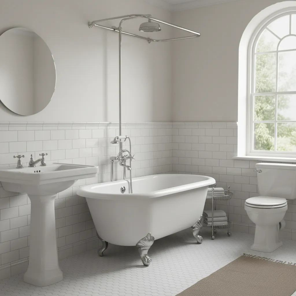 Fully restored vintage bathroom with hex tile and subway tile