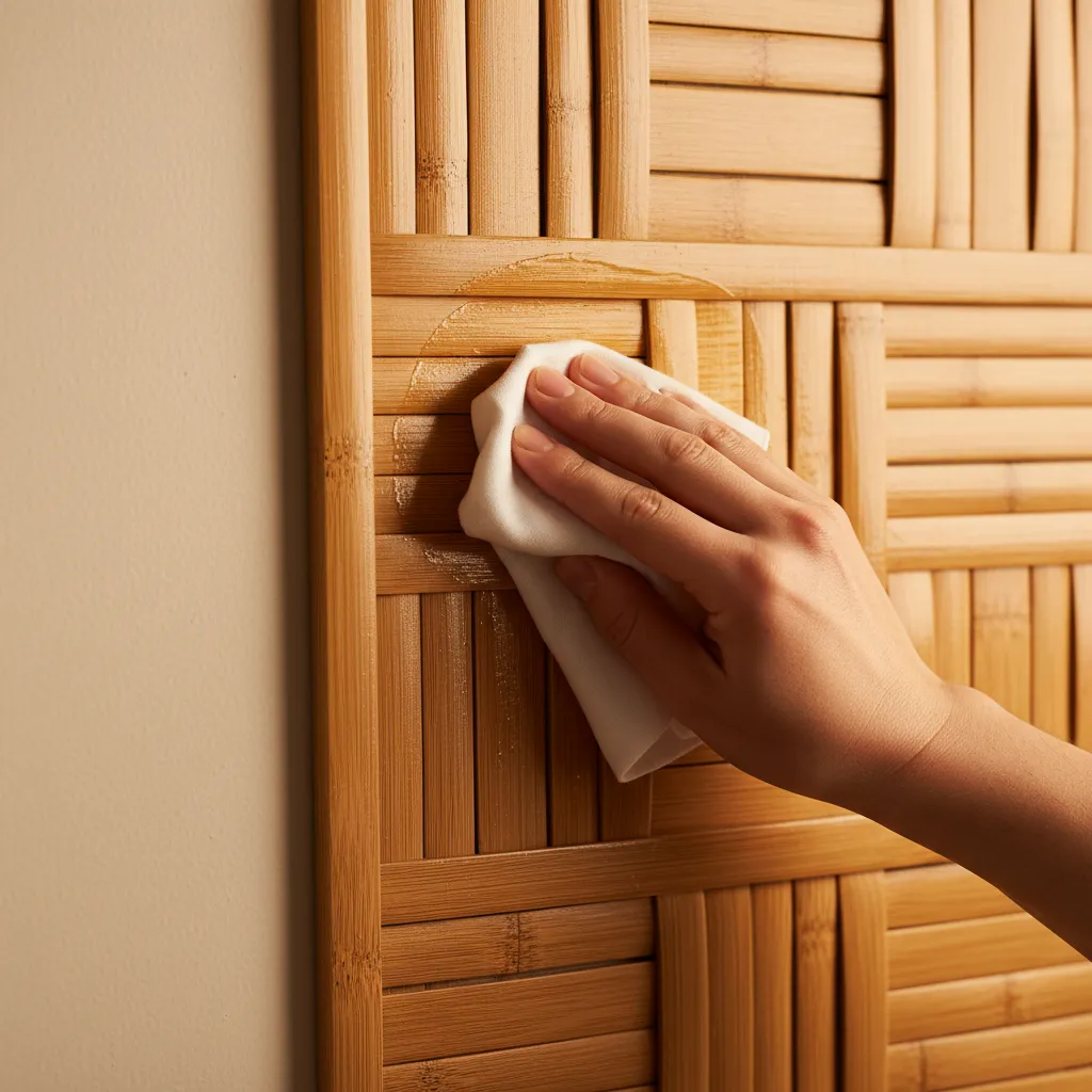 applying natural oil to restore faded bamboo wall art surface