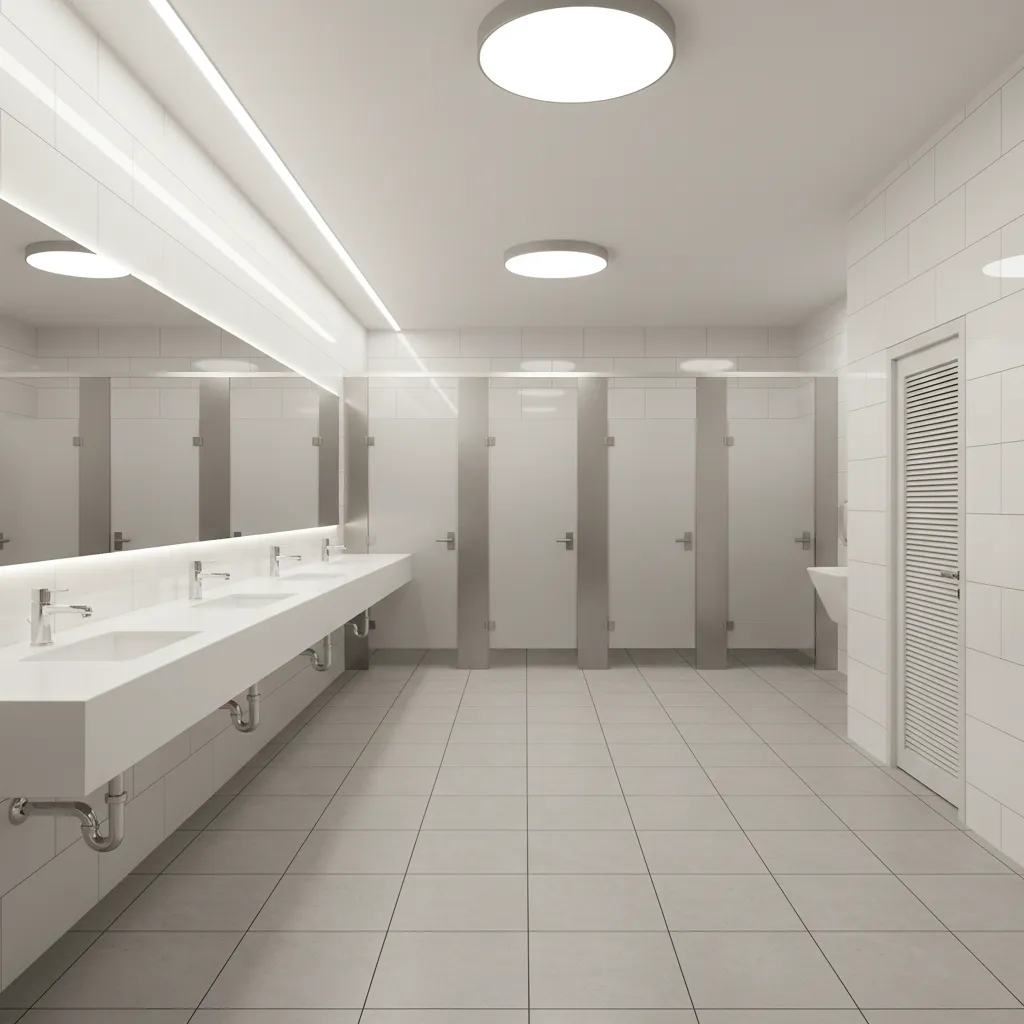 public restroom with open sink area and easy cleaning layout