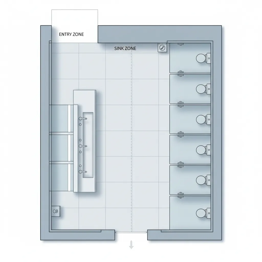 diagram style visualization of restroom traffic flow zones entry sink and stalls
