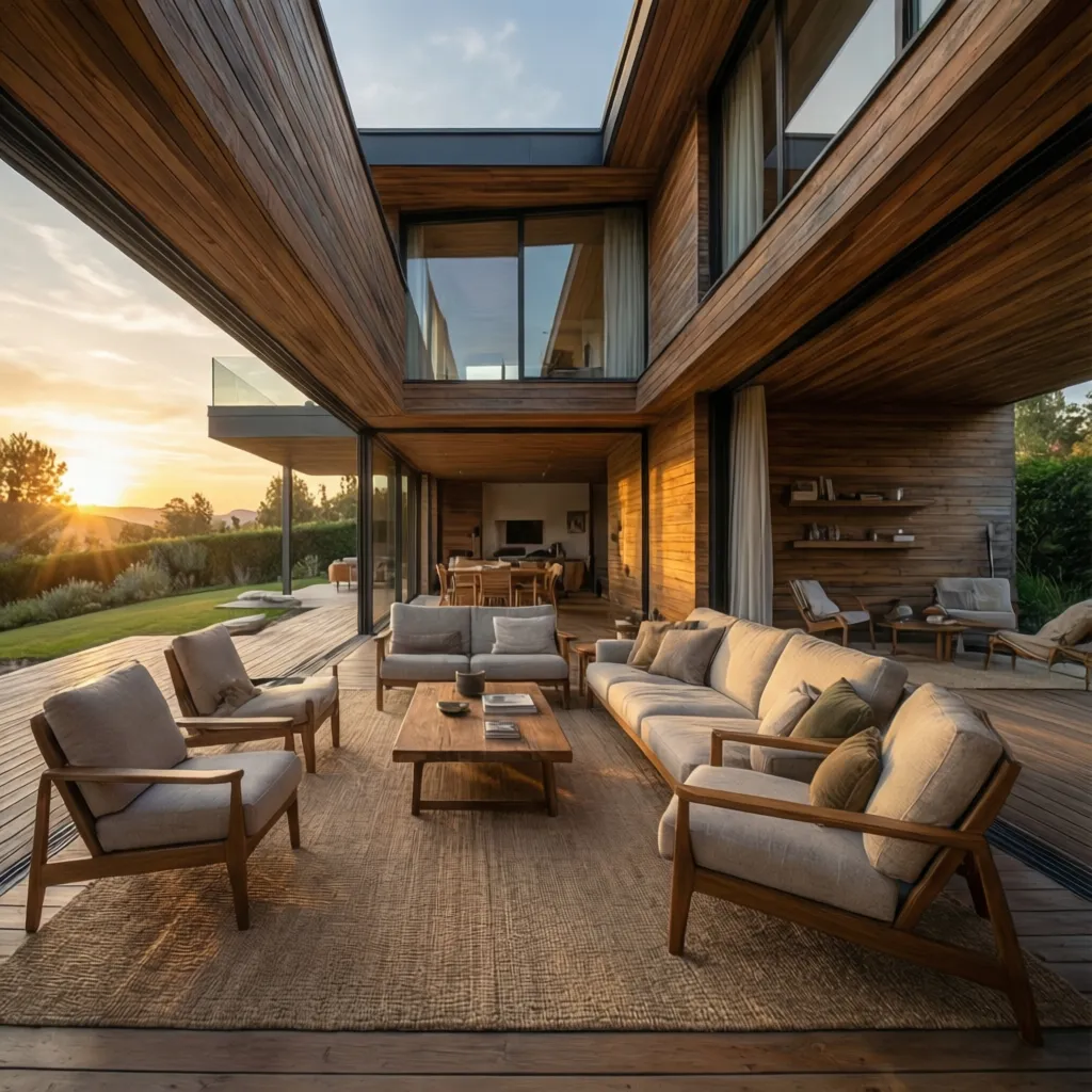 Modern wooden house with large windows and outdoor seating area during a warm golden sunset