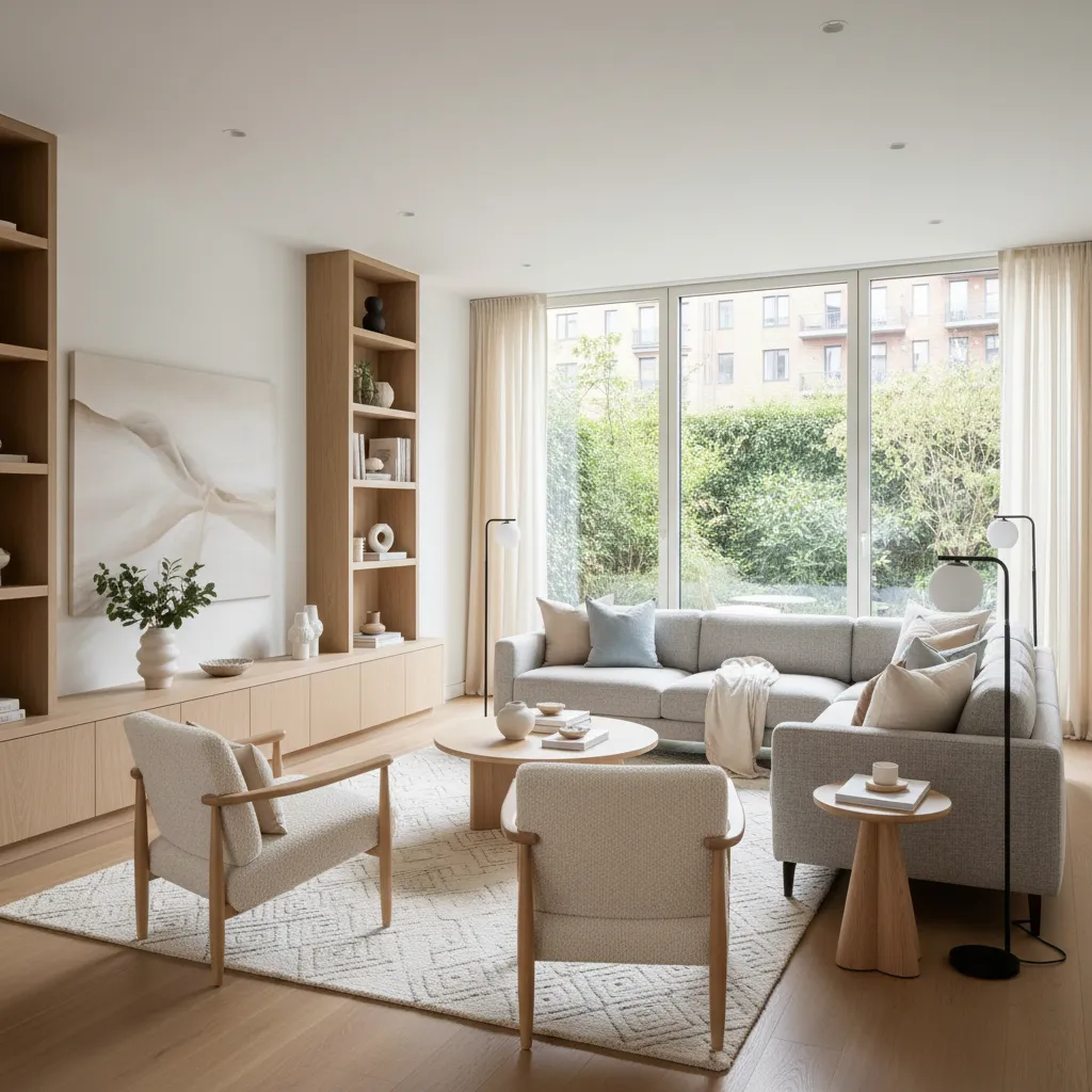 Bright living room with corner sofa and chairs near bookshelf and windows with garden view
