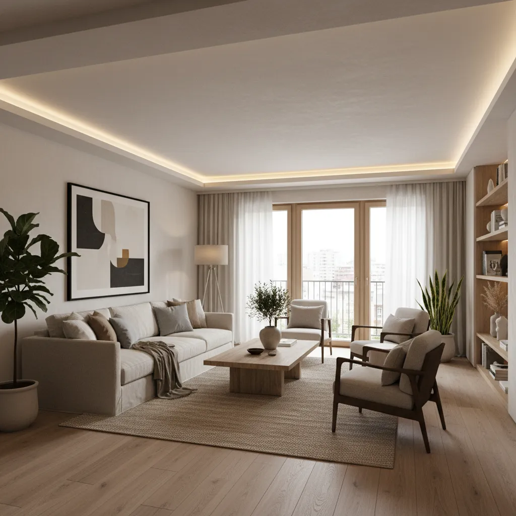 Salón elegante diseñado profesionalmente con iluminación y muebles equilibrados