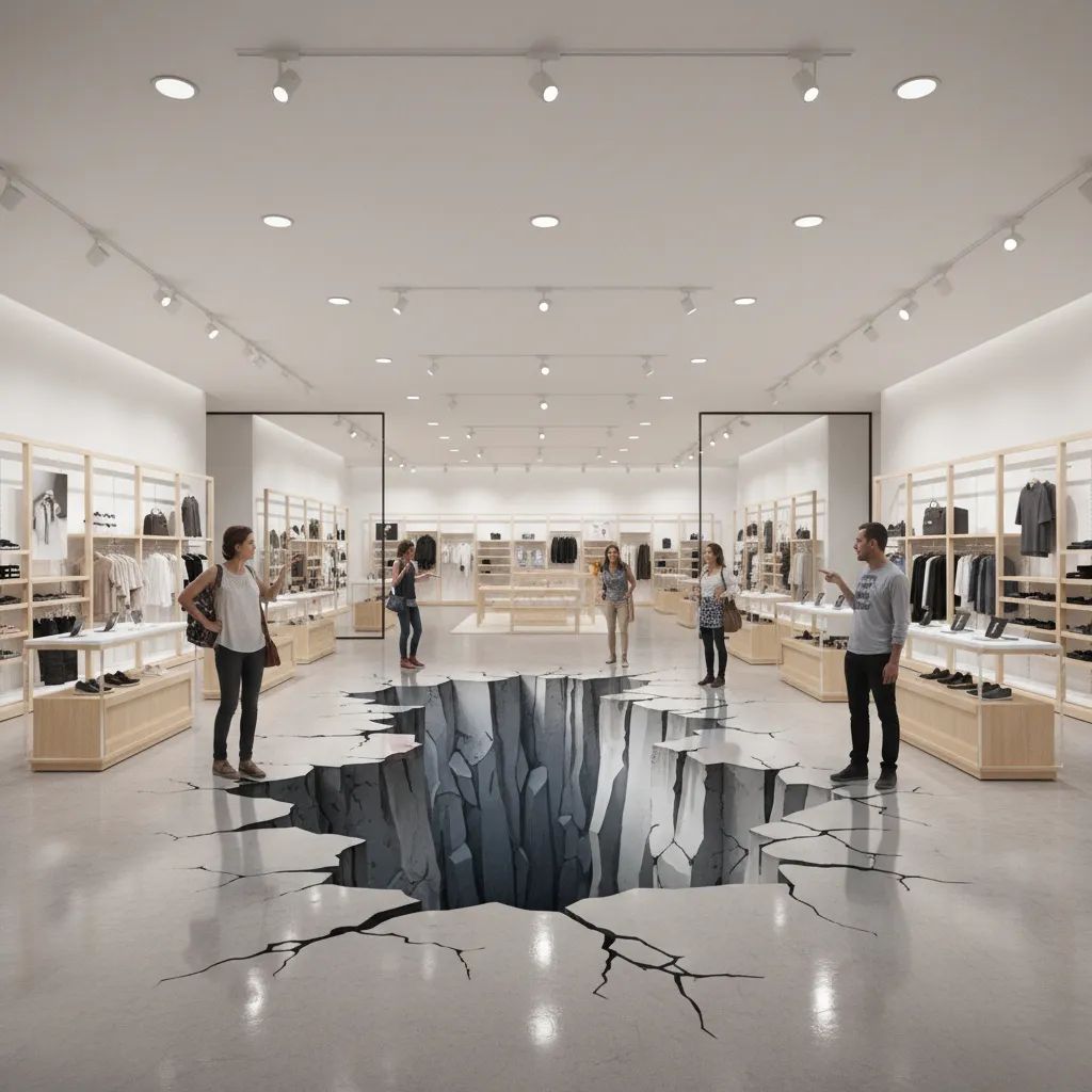 Retail store interior with optical illusion 3D floor graphic applied on concrete floor