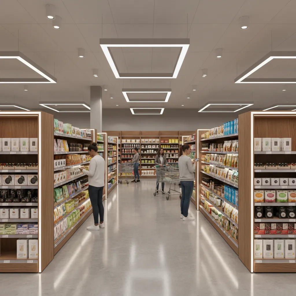 Retail store interior showing proper aisle width for customer browsing