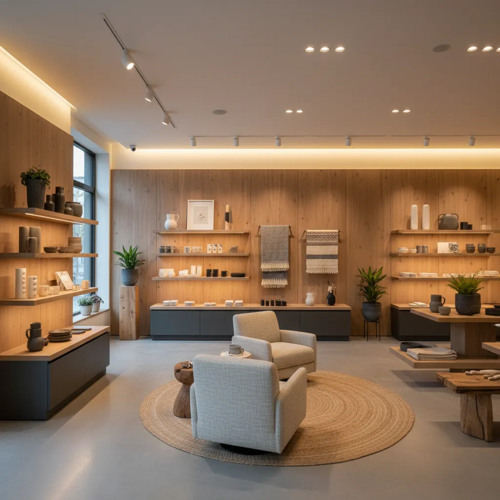 Tienda con iluminación ambiental cálida y exhibición atractiva de productos