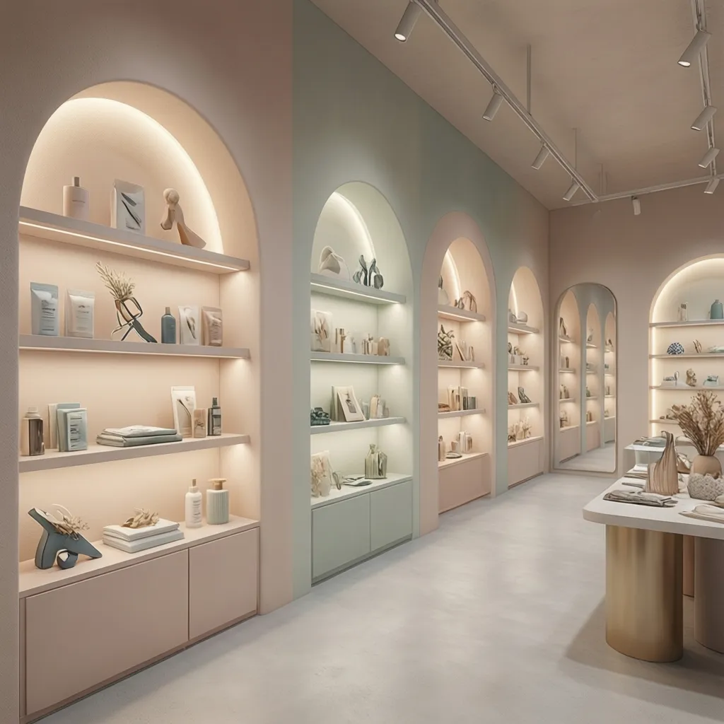 Retail store wall with half arch niches used to display products