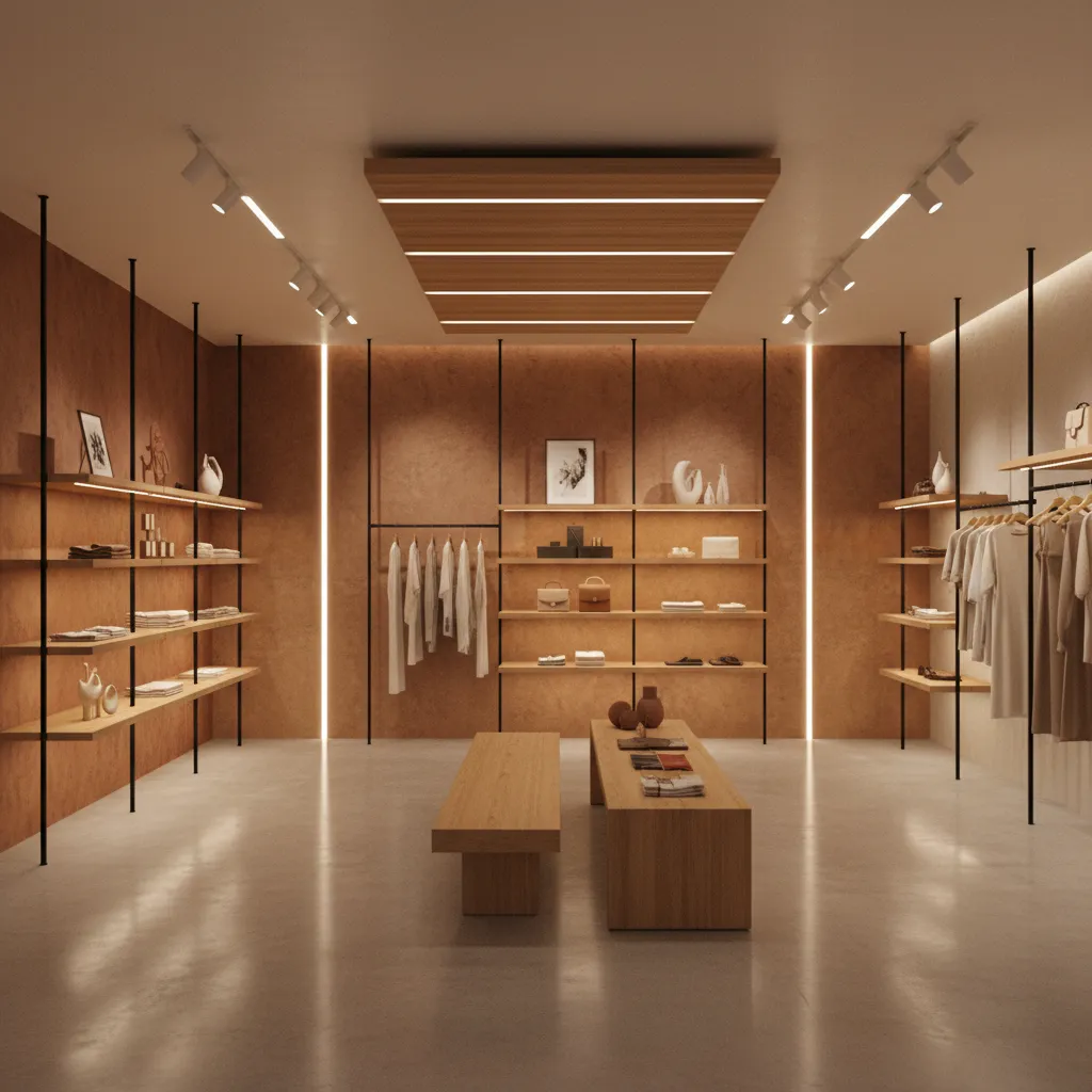 Modern retail store interior using AU decor with display lighting and minimalist materials