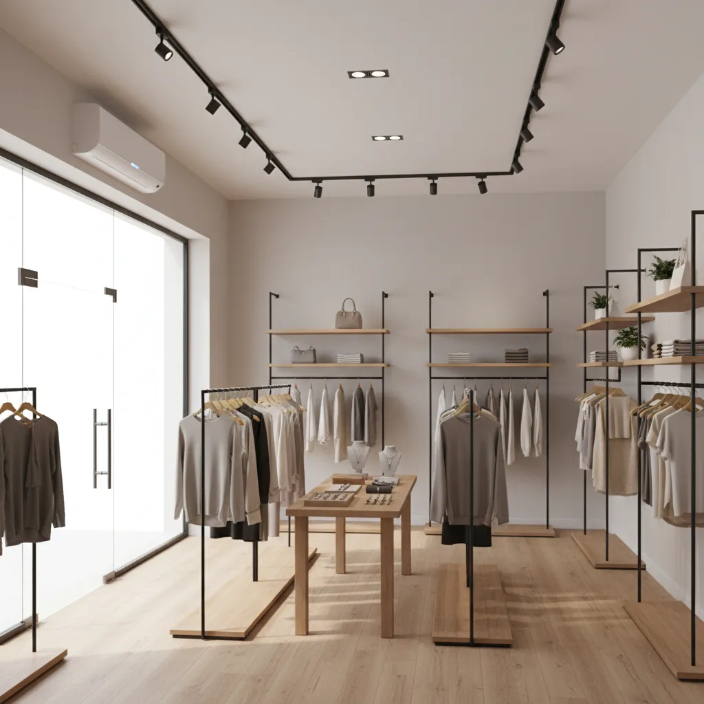 500 sq ft retail boutique interior showing airflow path and mini split placement