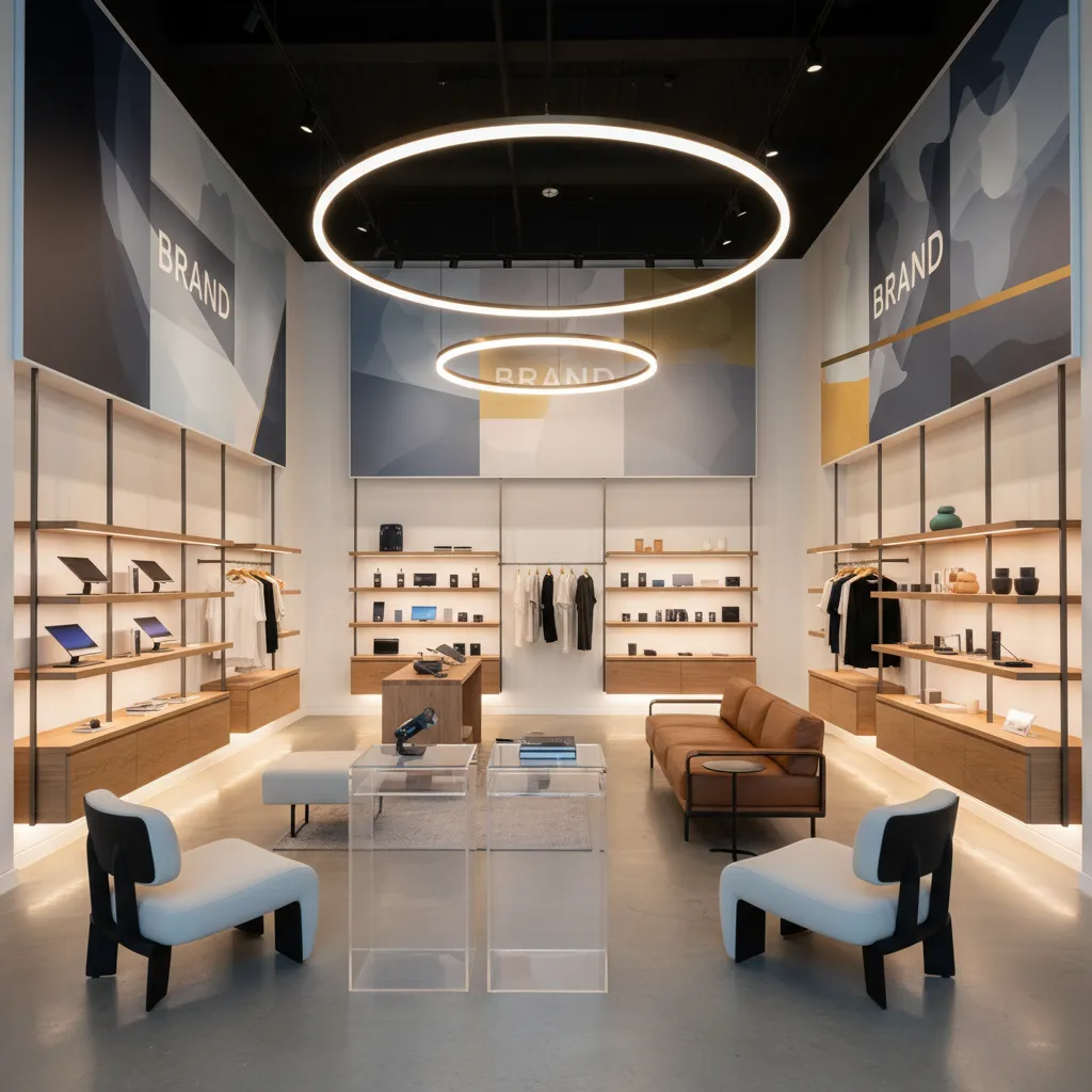 Modern retail store with circular ceiling lights wooden display shelves white chairs and leather sofa