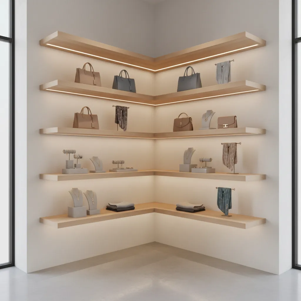 Retail store corner shelves with LED lighting highlighting display products