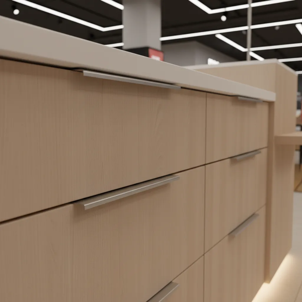 Retail counter cabinetry showing aluminum edge pull detail along cabinet door edge