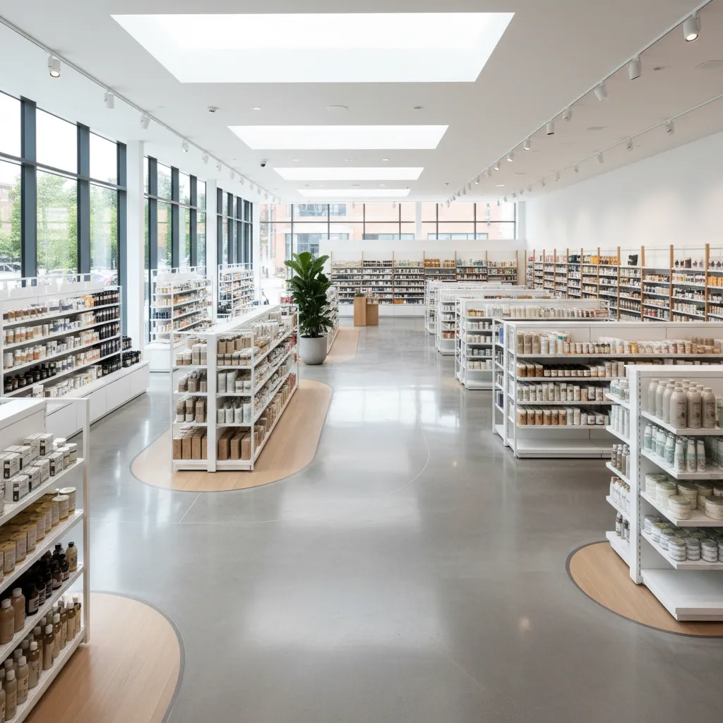 Diseño de tienda mostrando circulación clara de clientes entre estanterías