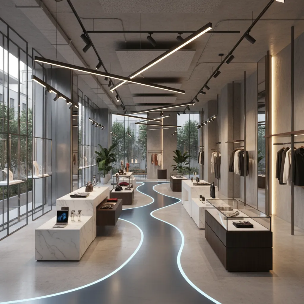Diseño interior de tienda mostrando el recorrido del cliente